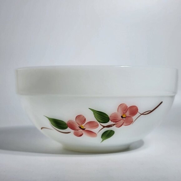 Fire King Hand-Painted Milk Glass Mixing Bowl With Pink Floral Design VTG - Picture 3 of 11